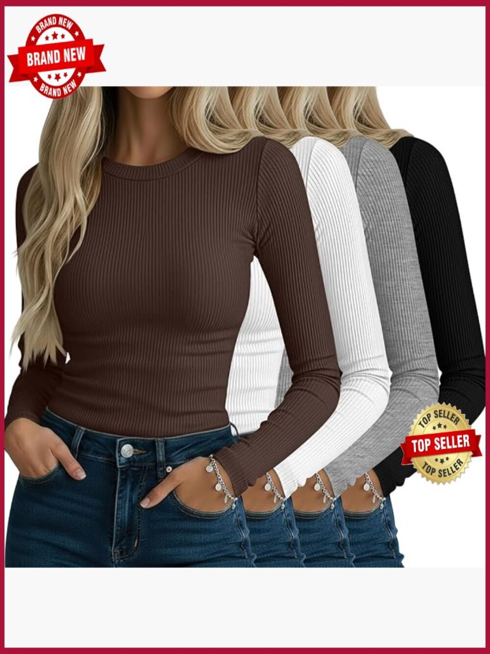 4 Pack Ribbed Long Sleeve Tees, Cotton Crew Neck Slim Fit Tops